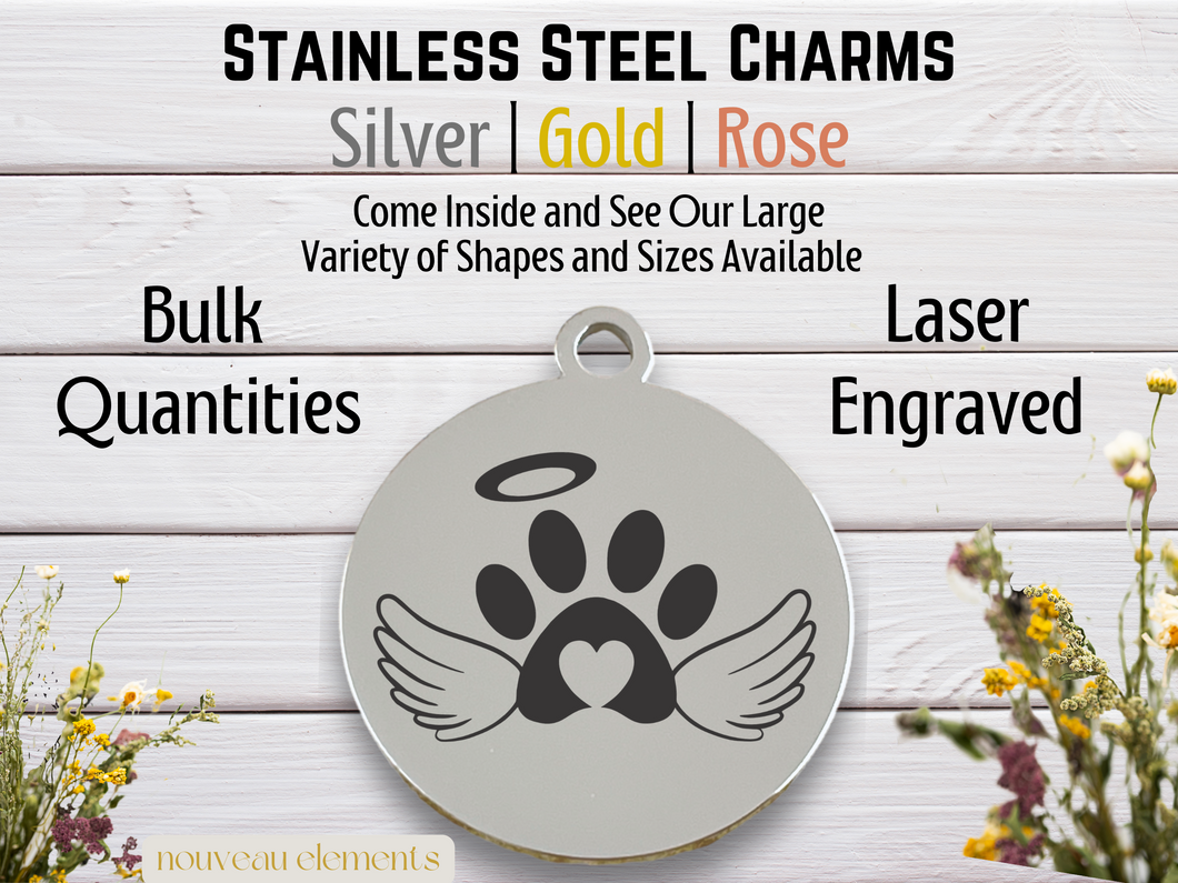 Angel Dog Paw Wing |  Laser Engraved Stainless Steel Charm
