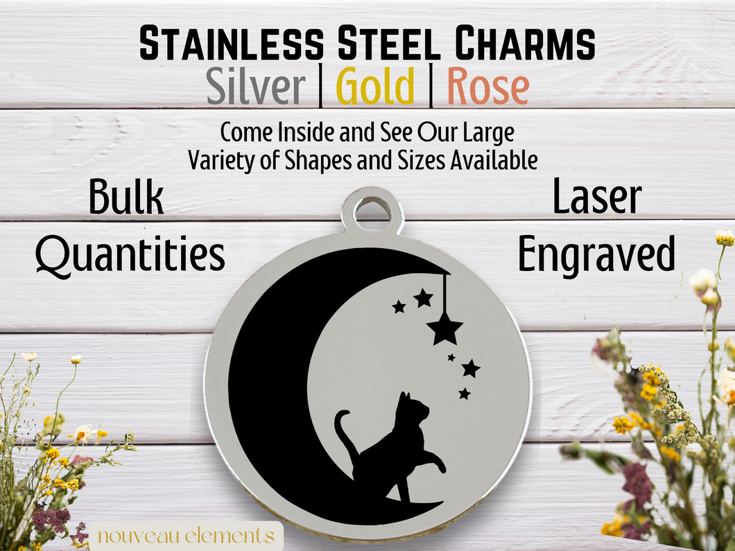 Cat Moon Laser Engraved Stainless Steel Charm