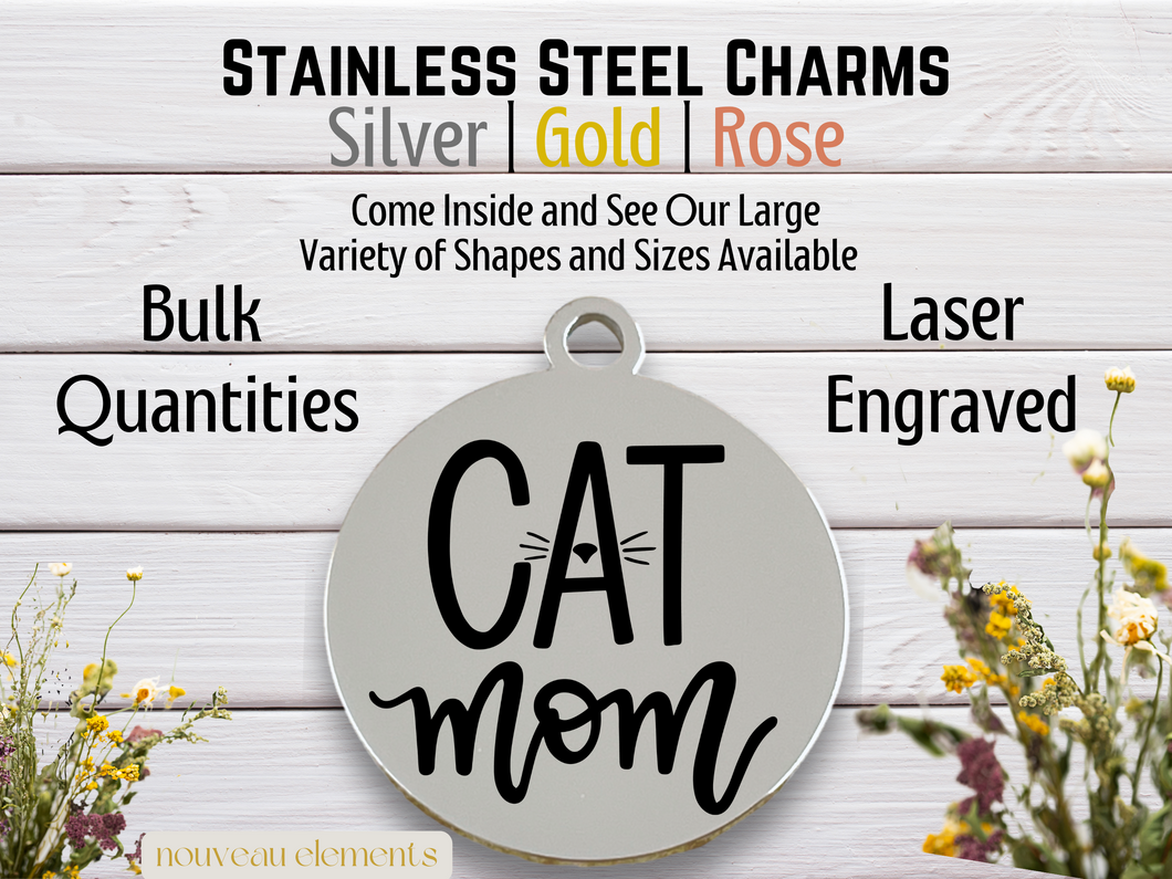 Cat Mom Engraved Stainless Steel Charm
