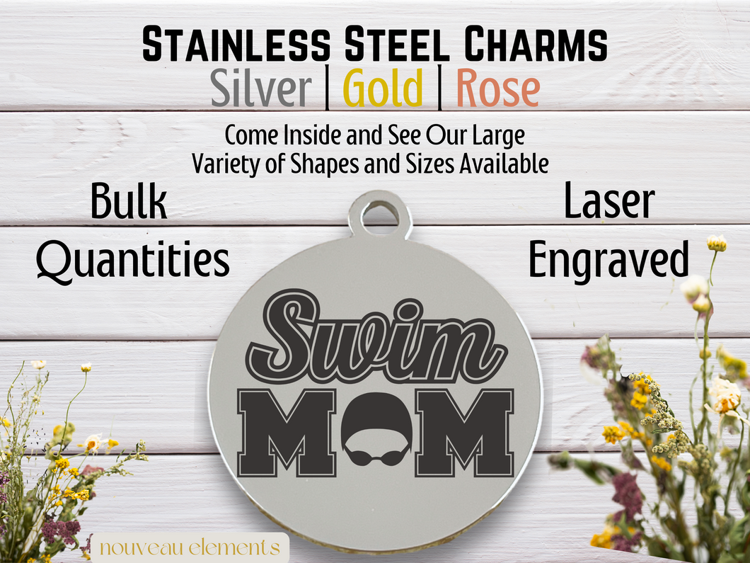Swim Mom Laser Engraved Stainless Steel Charm