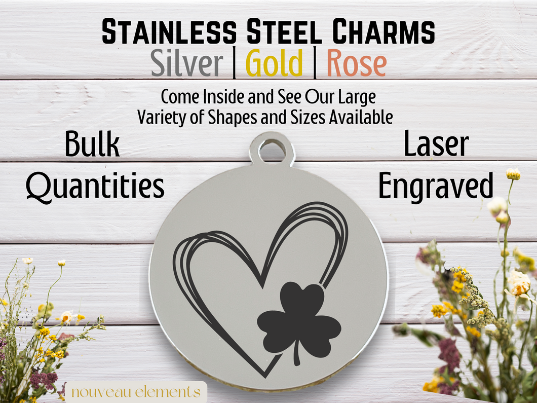 Shamrock Heart Laser Engraved Stainless Steel Charm